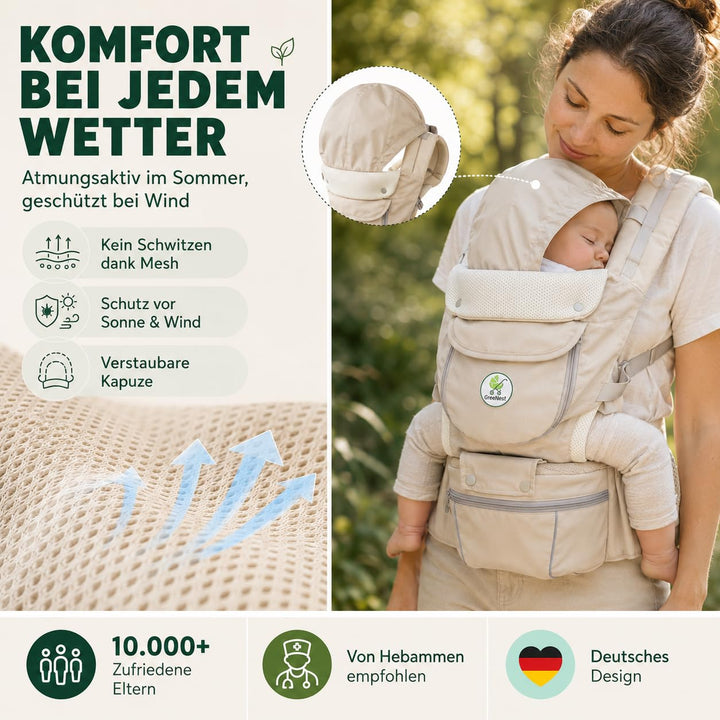 ÖKO Babytrage mit Hüftsitz 3 in 1 aus recycelten Materialien Bauchtrage, Hüfttrage &amp; Rückentrage - a