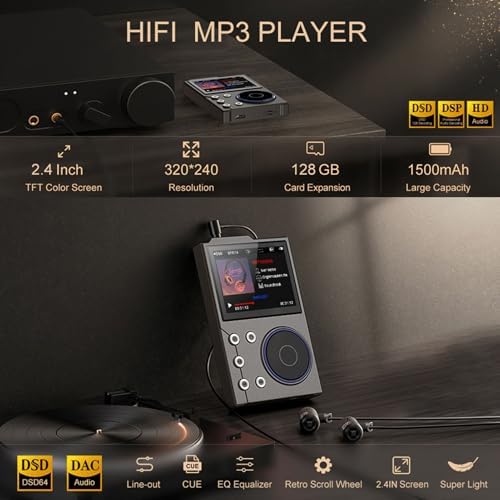 HiFi-MP3-Player mit Bluetooth, Verlustfreier DSD-hochauflösender Digitaler Audio-Musik-Player, Tragb