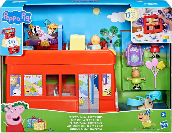 Peppa Pig Peppas 2-in-1 Party Bus Playset, Spielzeugauto mit vielen Accessoires und 3 beweglichen Fi