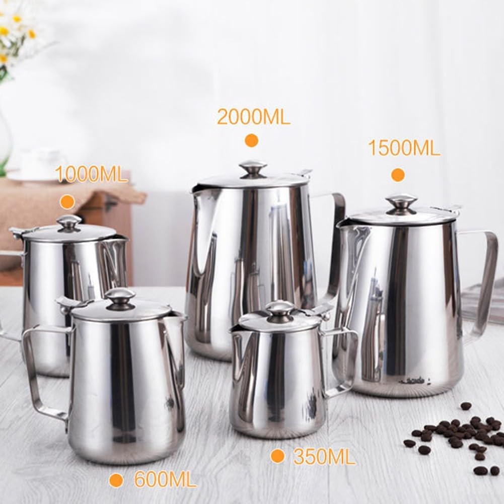 Milchaufschäumkrug, 350–2000 ml, Milchkännchen mit Deckel, Kaffeekessel, Milchaufschäumkrug, Krug, E