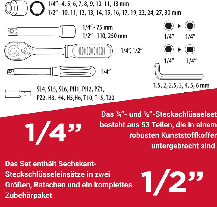 Steckschlüsselset 1/4", 1/2", 53 Teile Top Tools 38D530
