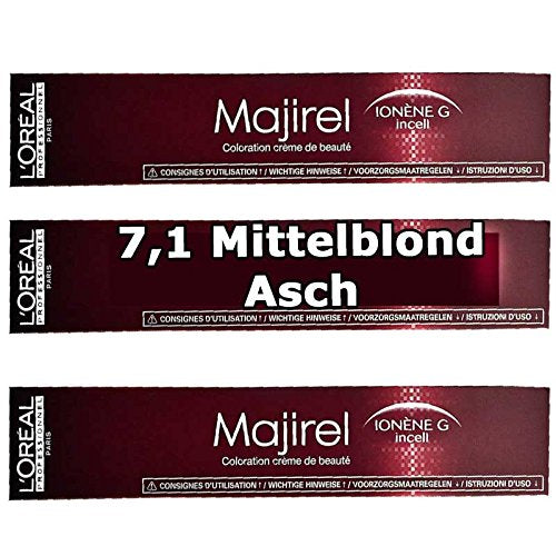 3x Loreal Majirel 7,1 Mittelblond Asch Creme Haarfarbe - 50ml elfenbein 50 ml (3er Pack), elfenbein