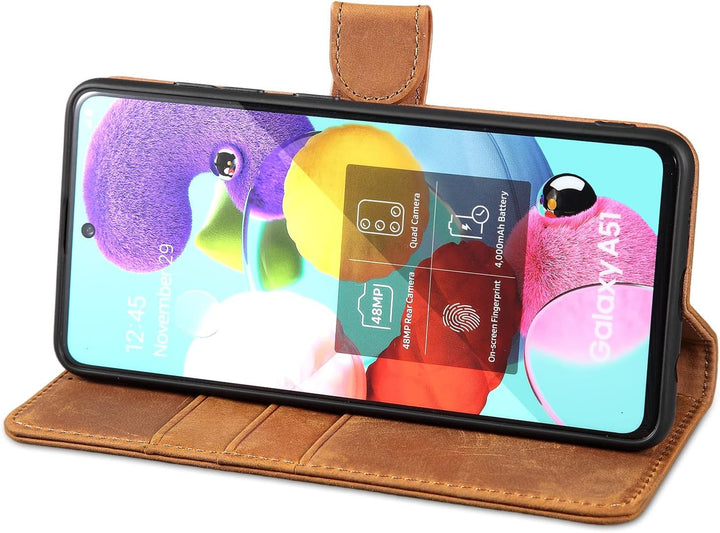 LENSUN Echtleder Hülle für Samsung Galaxy A51 4G, Handyhülle [Echtes Leder] [Magnetverschluss] [RFID