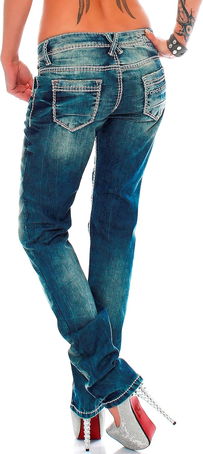 Cipo & Baxx Damen Jeans – Slim Fit & Used Look | Modische Kontrastnähte & Mehrtaschen | Bequeme Stre