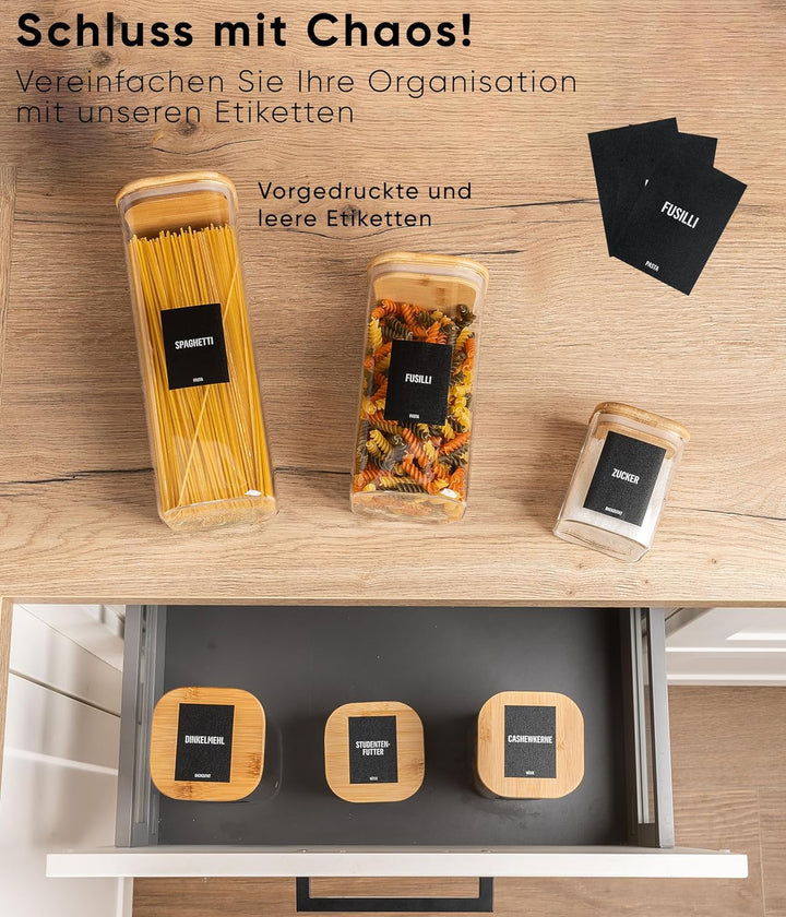 Deco haus® Spaghetti Aufbewahrung 3er Set Eckig - Vorratsgläser mit Deckel + Etiketten [LUFTDICHT] -