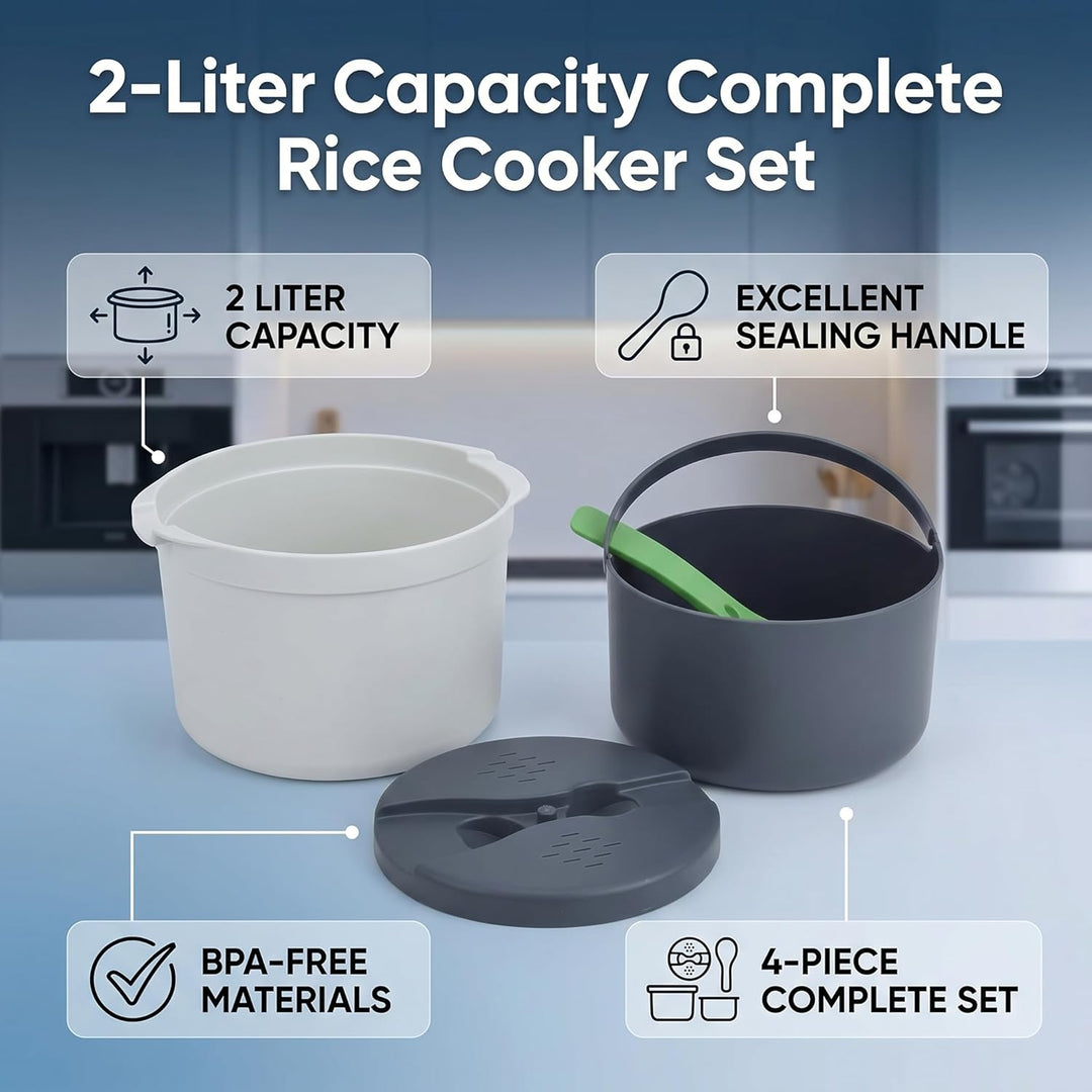 Cocoarm 2L Mikrowellen-Reiskocher-Set, Lebensmittelechtes PP-Material, Reislöffel-Deckelsieb, Dampft