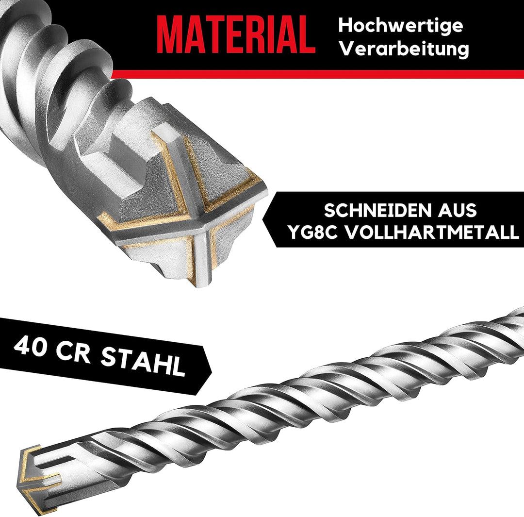 SDS Plus Bohrer Set | Hammerbohrer für Beton mit 4 Schneiden | in den Grössen 6,6,8,8,10 | Betonbohr