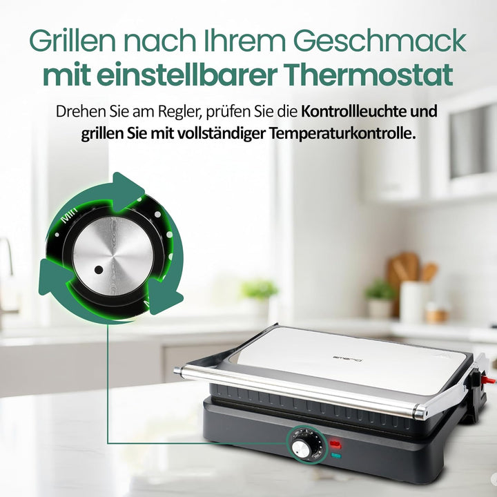 EMERIO Kontaktgrill Panini Grill Sandwichmaker Tischgrill | Grillfläche 34x24cm | antihaftbeschichte