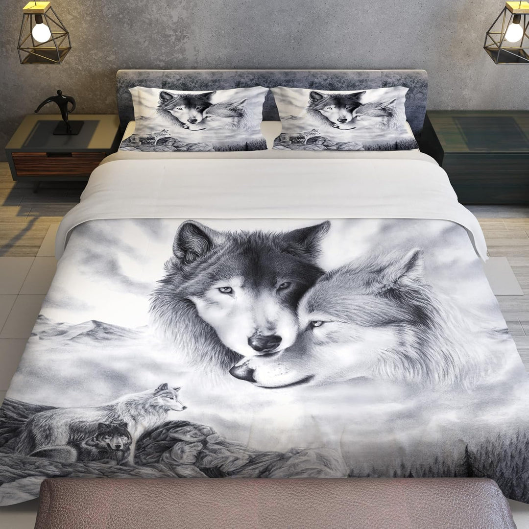 Bettwäsche Set Wolf, 3D WolfTheme Muster Bettbezug,Traumfänger Drucken 3 Teilig,Microfaser Bettwäsch