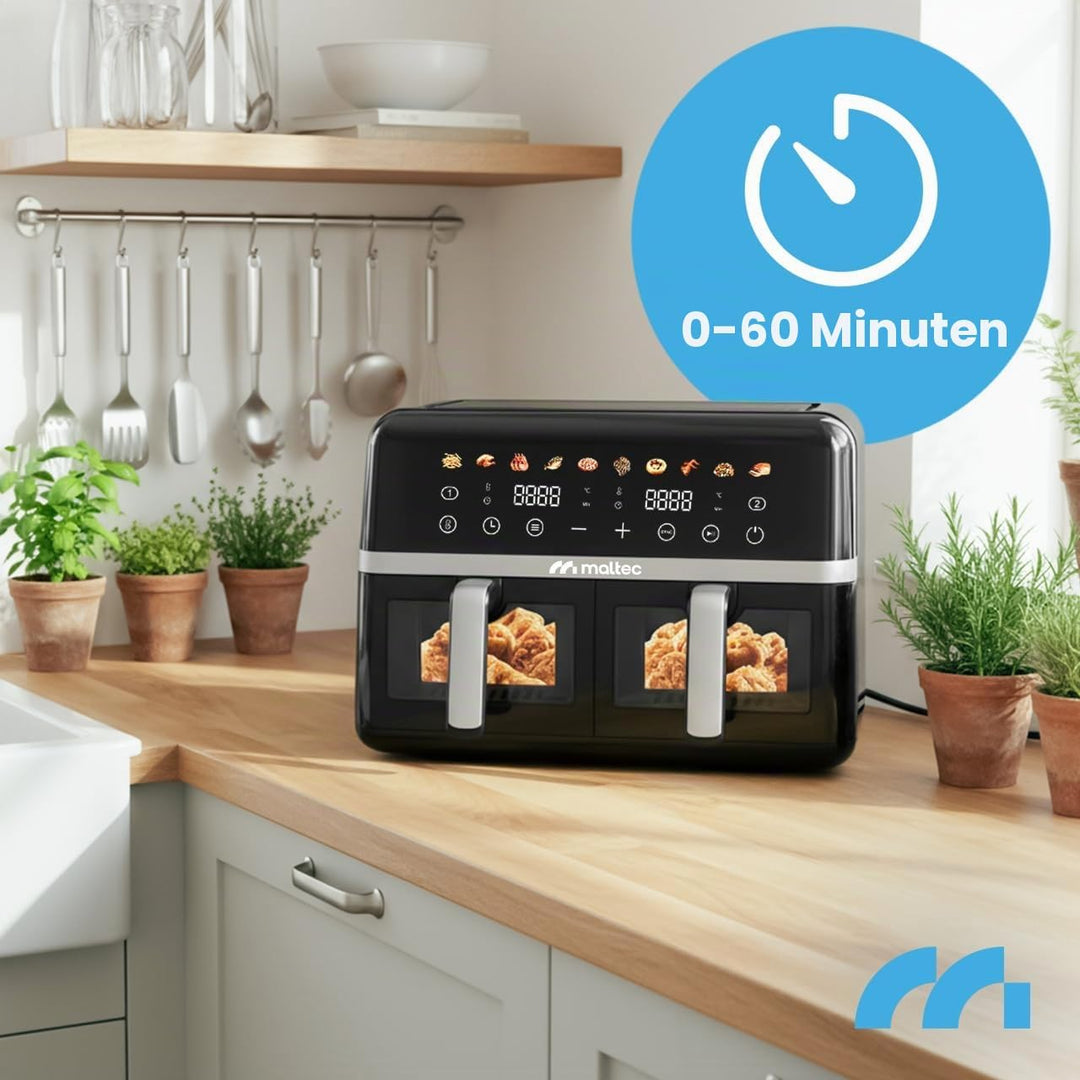MalTec Heissluftfritteuse XL 2 kammern mit Sichtfenster, 10L Airfryer, Touchscreen, 2800 Watt, 10 Pr
