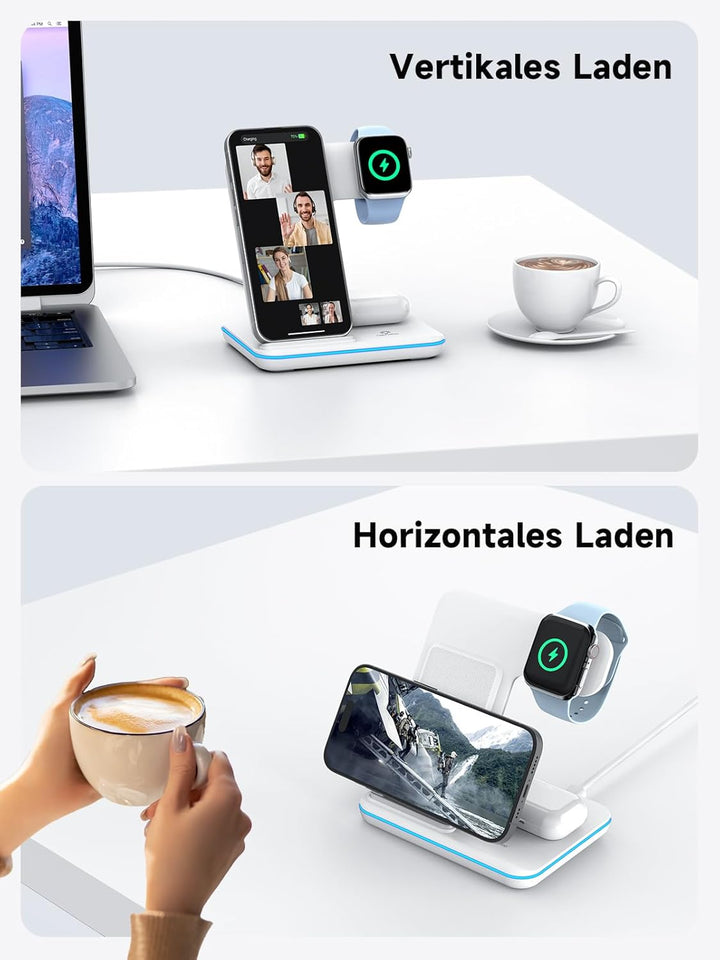 Induktive Ladestation für Apple Wireless Charger 3 in 1: 2024 Neu Kabelloses Ladegerät für iPhone 15