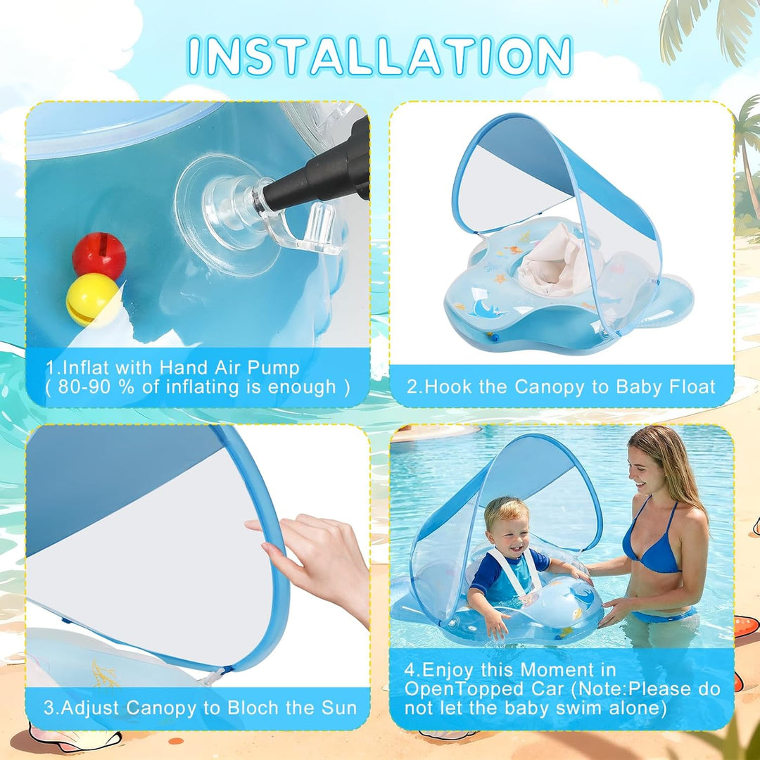 Baby Schwimmring mit abnehmbarem Sonnenschutz und Glöckchen, inklusive 1 x Handpumpe und 2 x Reparat