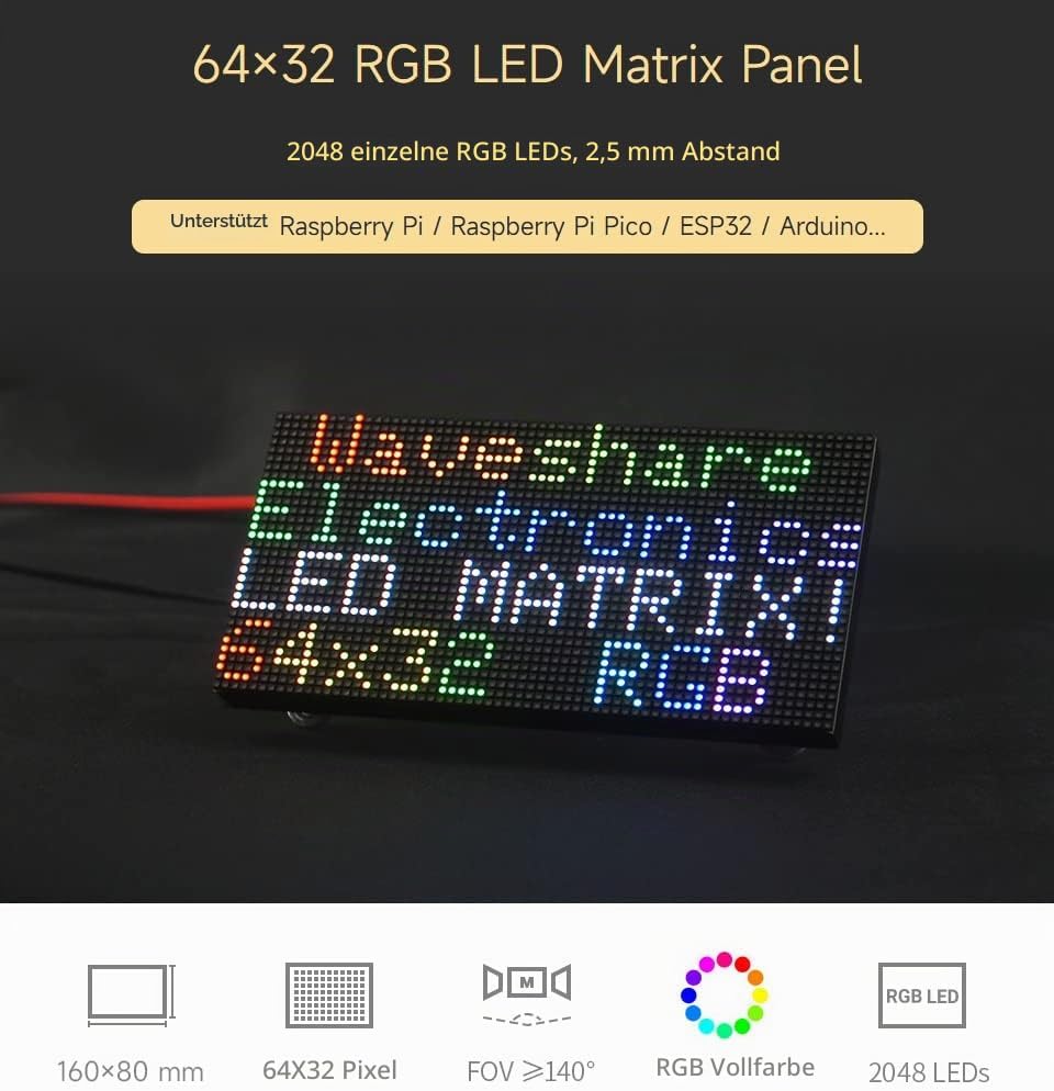 Waveshare RGB Full-Color LED Matrix Panel 2.5mm Pitch 64x32 Pixels Adjustable Brightness Compatible