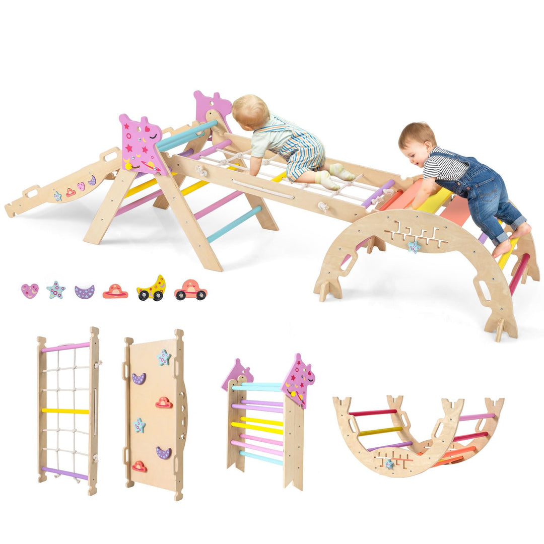 HOMASIS 4 in 1 Kletterdreieck mit Kletternetz, Kletterbogen, Wippe &amp; Leiter, Klettergerüst mit doppe