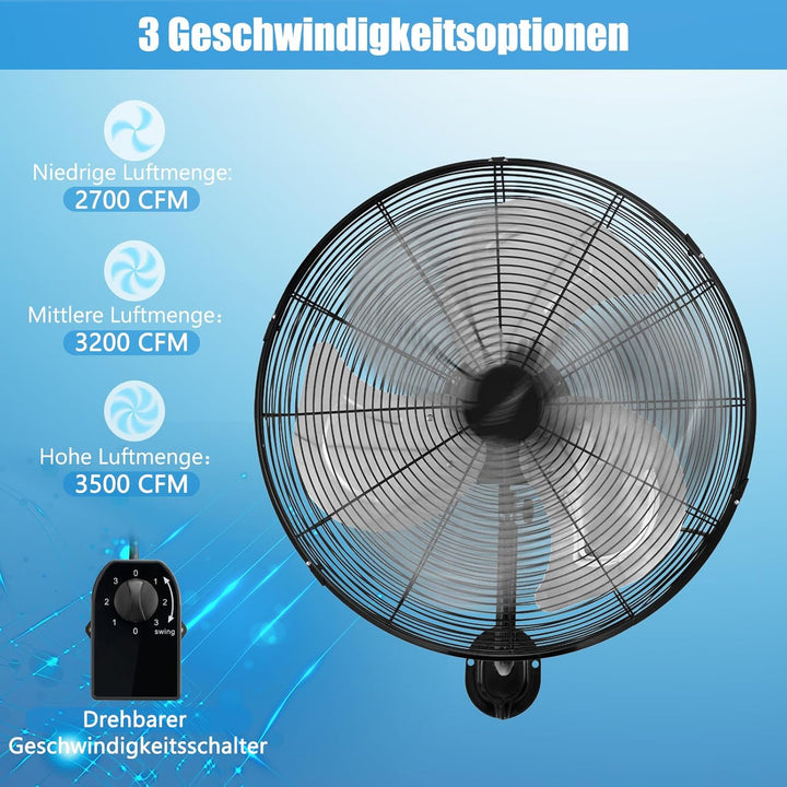 GOPLUS Wandventilator, 51cm oszillierender Ventilator, 3 Geschwindigkeiten (Schwarz), Schwarz