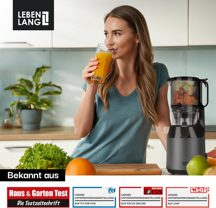 LEBENLANG Entsafter Slow Juicer - Inkl. Rezeptbuch & Grosse 130mm Öffnung I Perfekt für Obst ganze F
