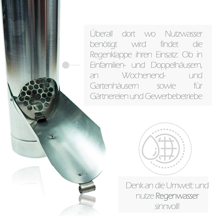 Zink Regenrohrklappe 100 mm mit Edelstahl Sieb - Titanzink Fallrohrklappe als Regenwassersammler, ei