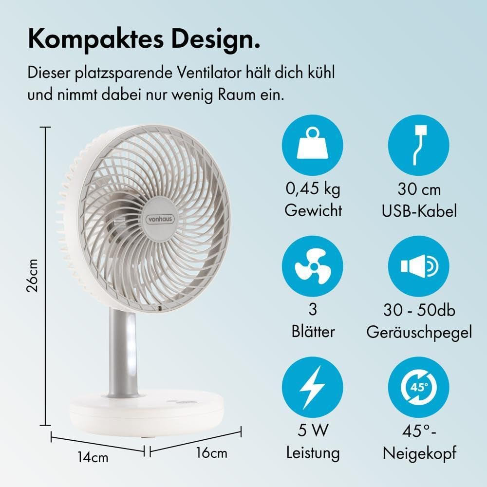 VonHaus 26cm Tischventilator – Leichter, Tragbarer, USB Mini Ventilator, 3 Stufen – Um 45° Neigbar,