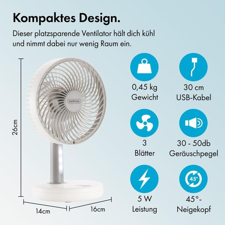 VonHaus 26cm Tischventilator – Leichter, Tragbarer, USB Mini Ventilator, 3 Stufen – Um 45° Neigbar,