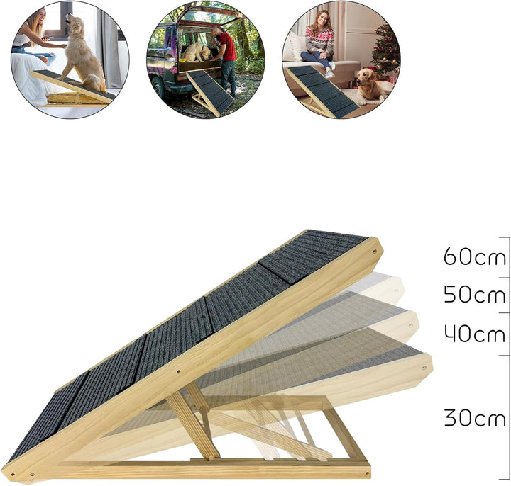 FIVMEN Hunderampe 60cm Hundetreppe Holz Faltbar Höhenverstellbar Haustiertreppe mit Rutschfester Tri