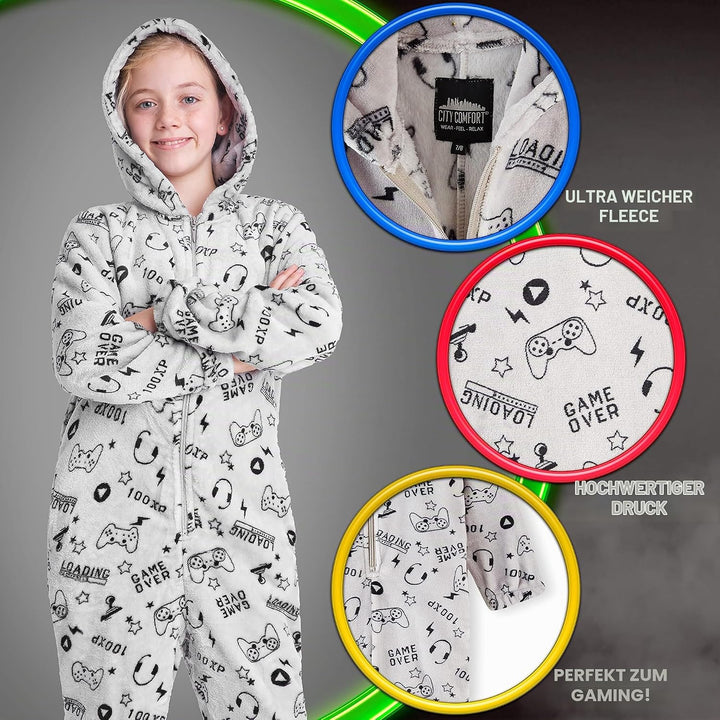 CityComfort Onesie Kinder Fleece Overall Jumpsuit Schlafanzug Jungen Mädchen Extra Weich Einteiler G