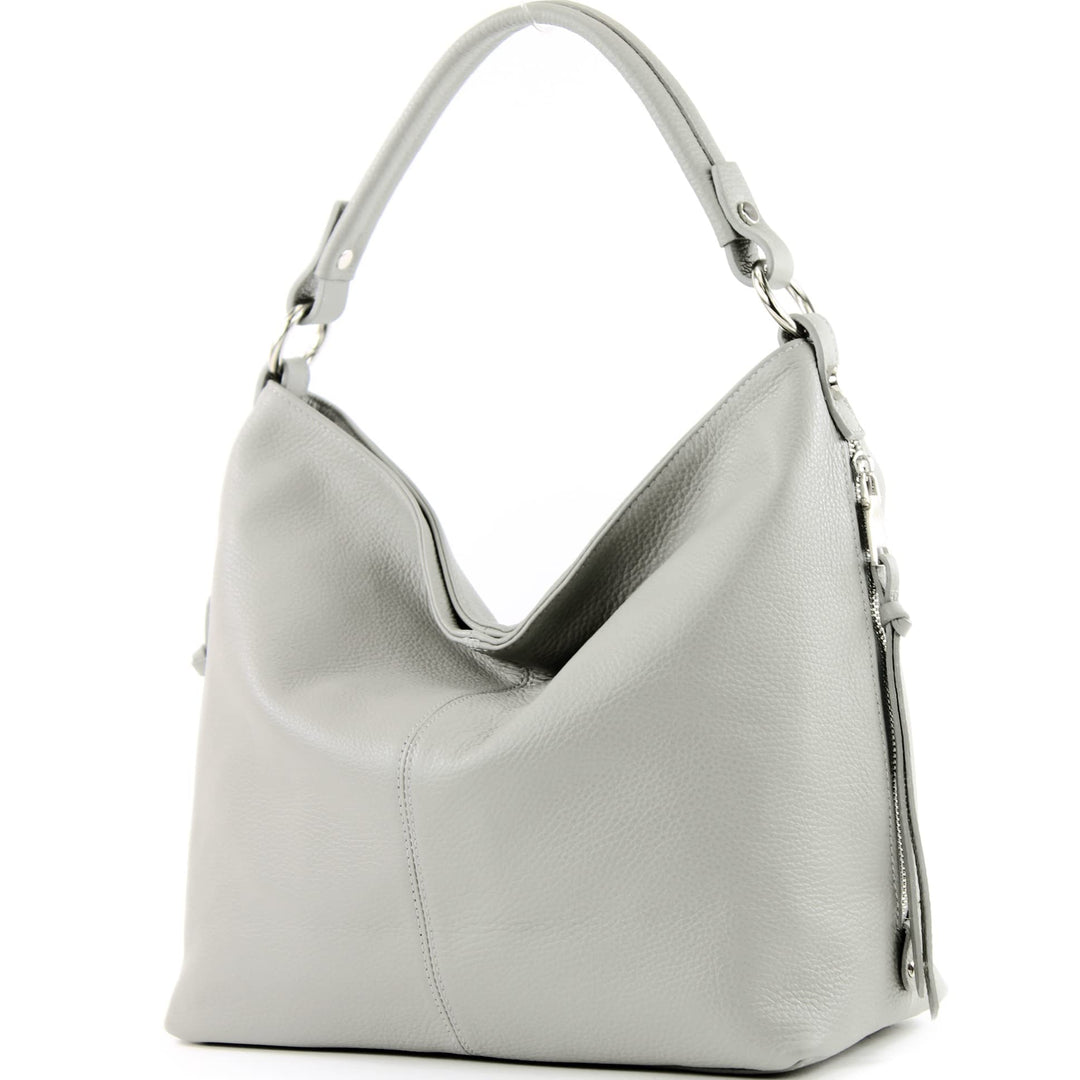 modamoda de T160 Damen Leder Schultertasche Gross, handmade in Italy Hellgrau, Hellgrau