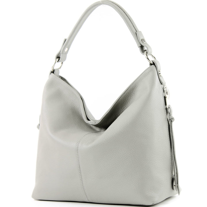 modamoda de T160 Damen Leder Schultertasche Gross, handmade in Italy Hellgrau, Hellgrau