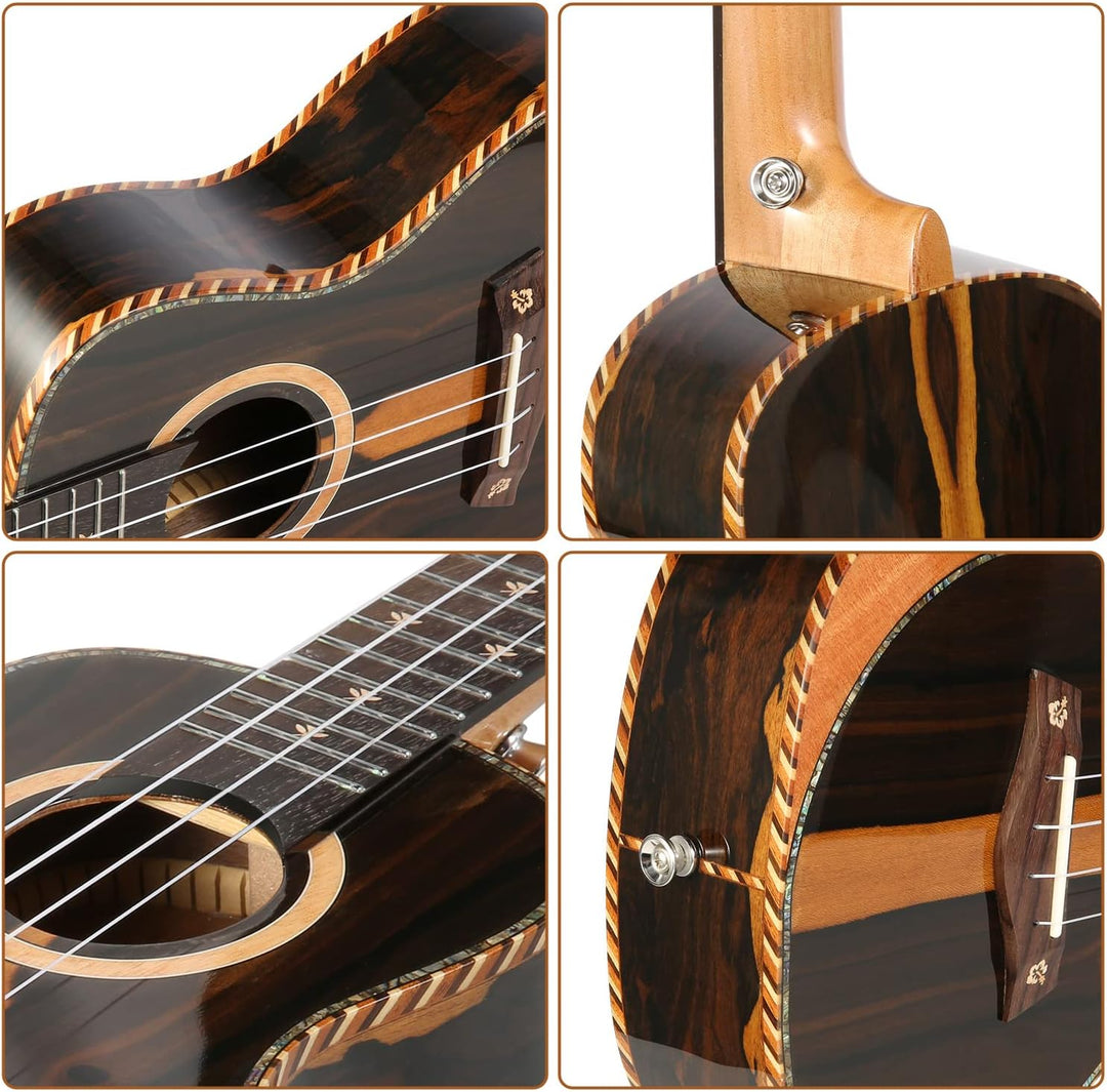 Hricane Konzert-Ukulele Ziricote 23 Zoll Profi Hawaii Ukulelen für Anfänger mit Gigbag Strap Strings