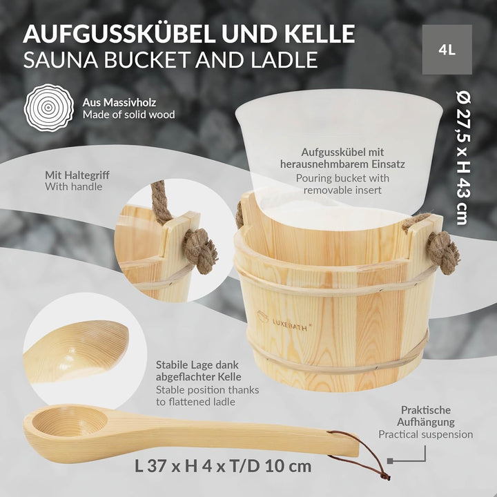 LuxeBath Saunazubehör-Set aus massivem Kiefernholz, Sauna Set 2-tlg, Aufgusskübel mit Kunststoffeins