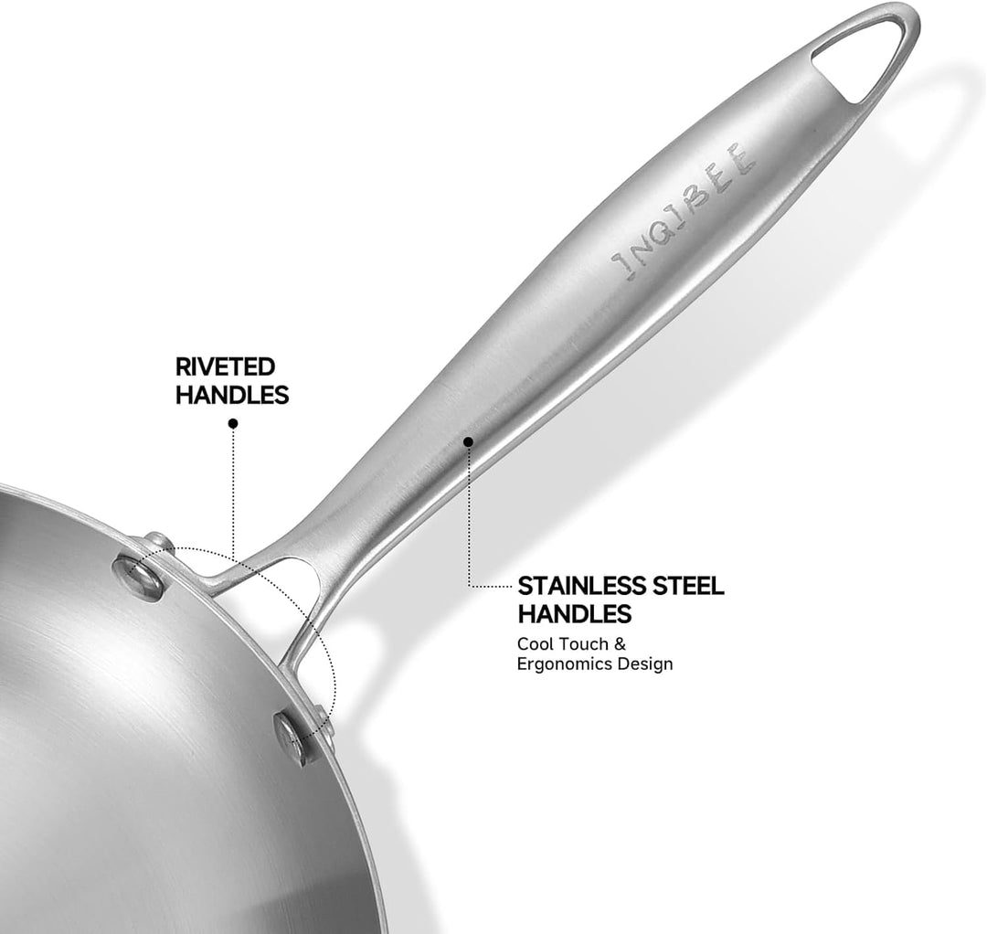 Inqibee Edelstahlpfanne Bratpfanne Unbeschichtet 24 cm mit Deckel - Pfanne Edelstahl, Stainless Stee
