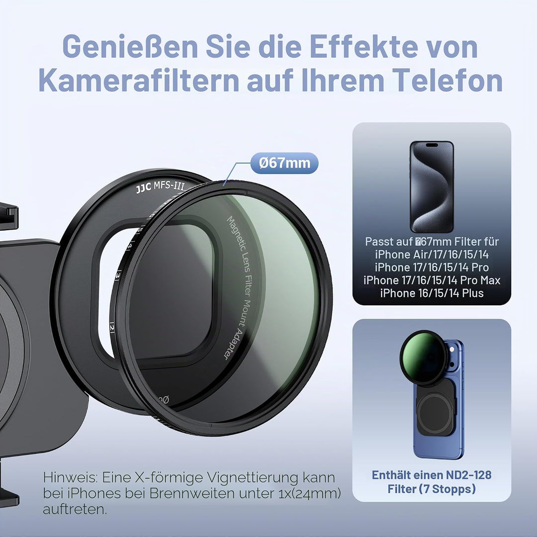 JJC 67 mm Handy-Filterhalterungsadapter mit variablem ND2-128 (7 Blendenstufen) Neutraldichte-ND-Fil