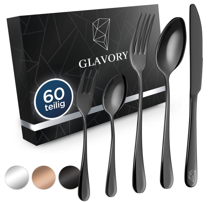 Glavory - Besteck Set 12 Personen Schwarz Hochglanz - 60teilig - Besteckset Spülmaschinenfest aus ro