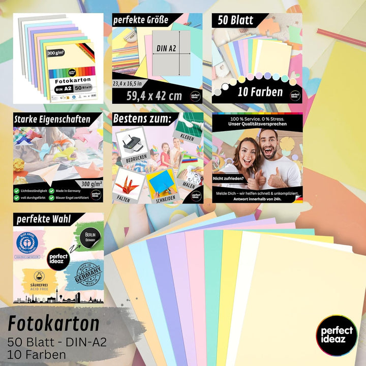 perfect ideaz • 50 Blatt Fotokarton DIN-A2, 10 Farben, stabiler recycling Karton 300 g/m², Made in G