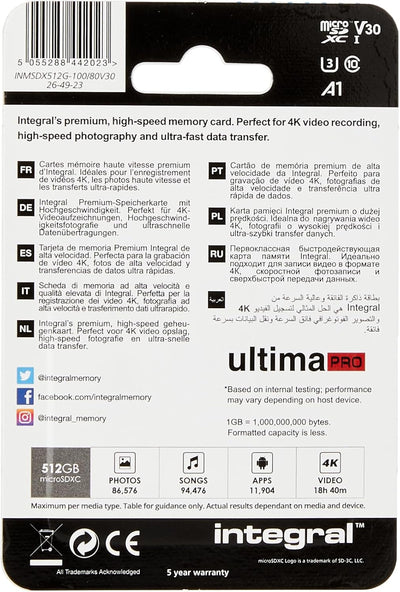 Integral 512GB Micro SD Karte 4K Video Premium High Speed Speicherkarte SDXC bis zu 100MB/s Lesegesc