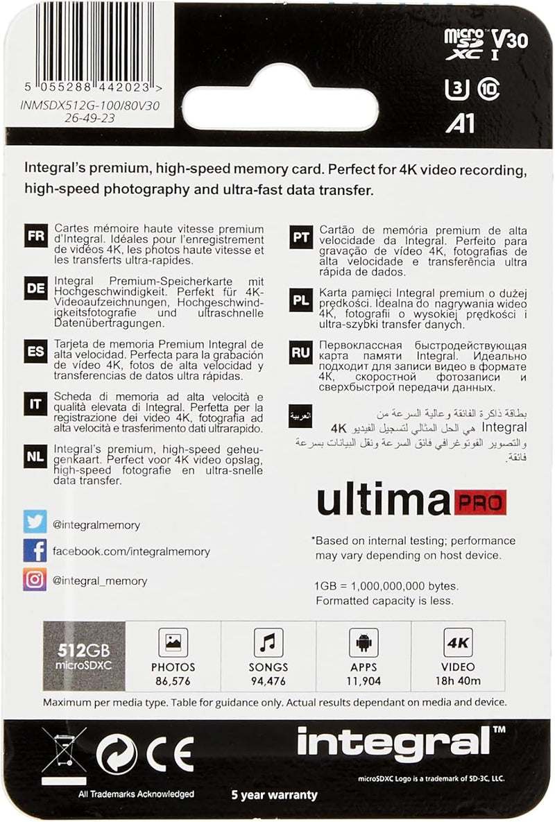 Integral 512GB Micro SD Karte 4K Video Premium High Speed Speicherkarte SDXC bis zu 100MB/s Lesegesc