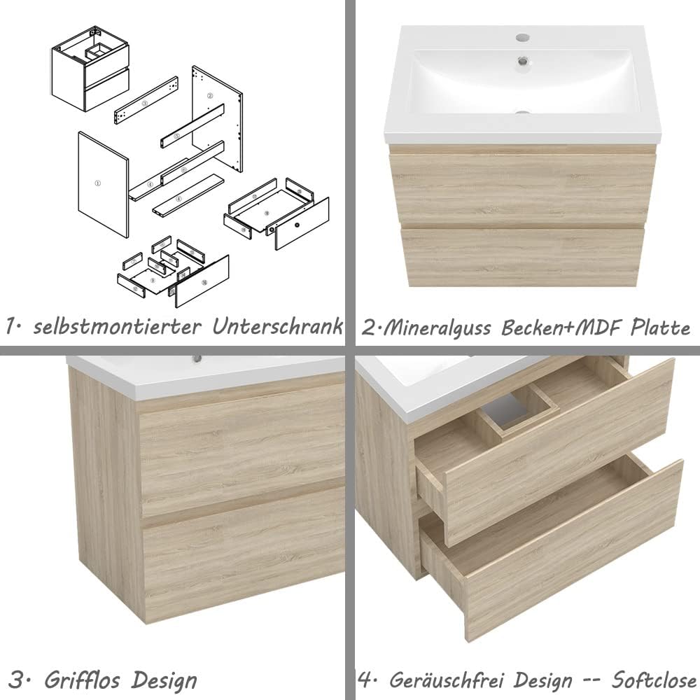 Aica Sanitär Waschtisch mit Unterschrank 60 cm Badmöbel Set mit Waschbecken Mineralguss Gäste WC Eic