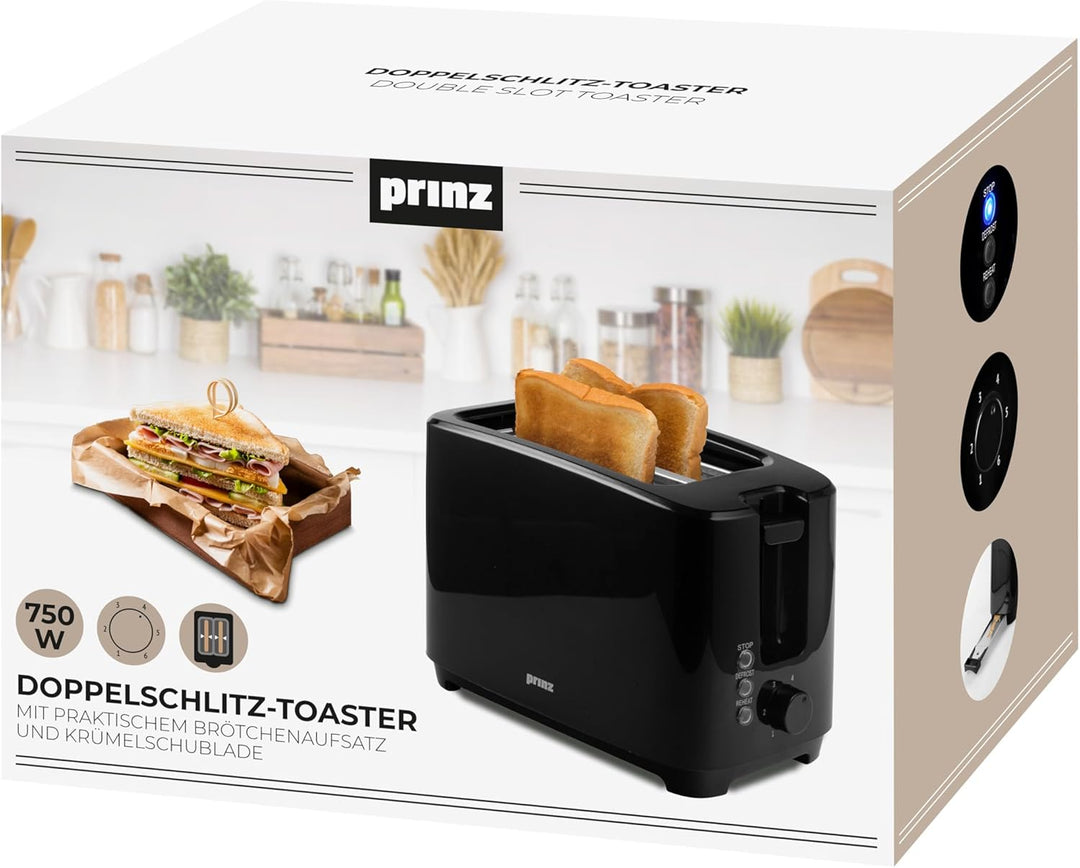 Prinz Doppelschlitz-Toaster PZ-TA2 – 750 W, 6 Bräunungsstufen, automatische Brotzentrierung, Auftaue
