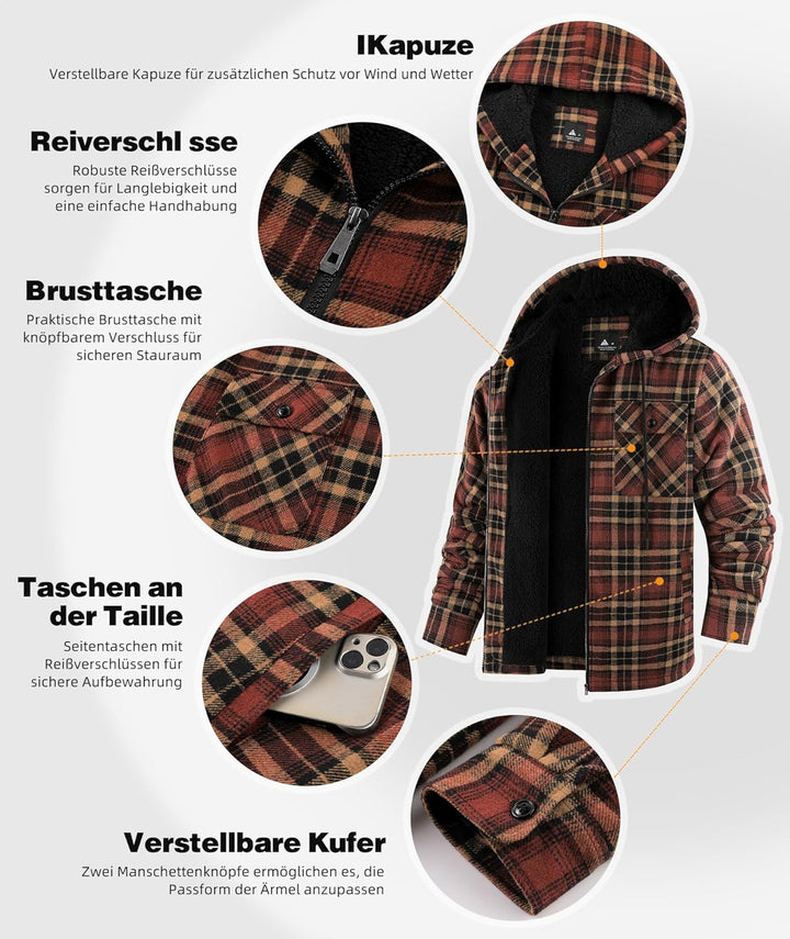JACKETOWN Hemdjacke Kariertes Herren hoodies Flanelljacke Warm Thermohemd Herren Holzfäller Jacke Ve