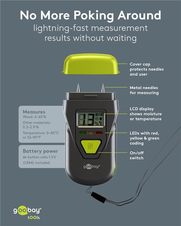 goobay Feuchtigkeitsmessgerät für Holz, Beton, Gips & Wände – Digitales Feuchtigkeitsmesser mit LCD-