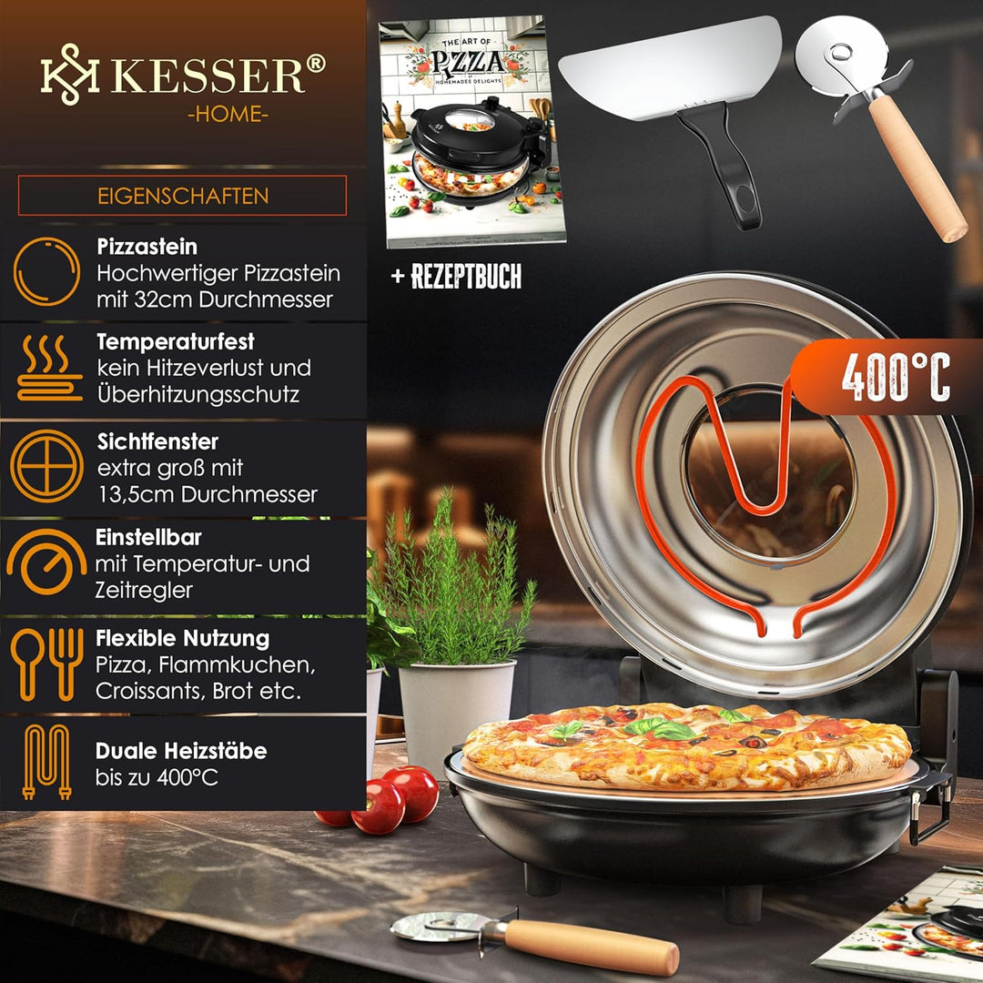 KESSER® Pizza-Ofen elektrisch bis 400 Grad | Elektrischer Pizzabäcker 1200W mit feuerfester Steinpla