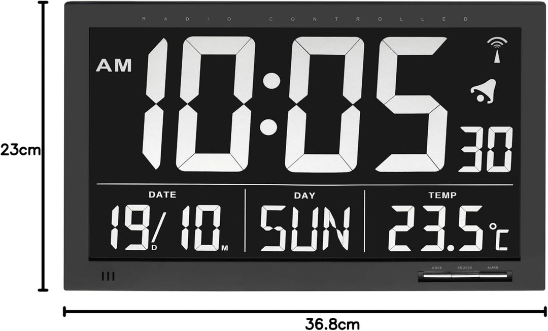 TFA Dostmann Digitale XL Funkuhr, Wanduhr,60.4505, mit Temperatur, 24h Anzeige, gross, schwarz, L 36