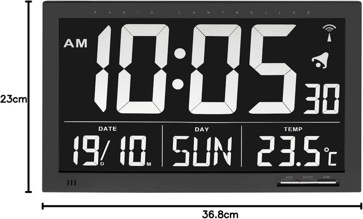 TFA Dostmann Digitale XL Funkuhr, Wanduhr,60.4505, mit Temperatur, 24h Anzeige, gross, schwarz, L 36