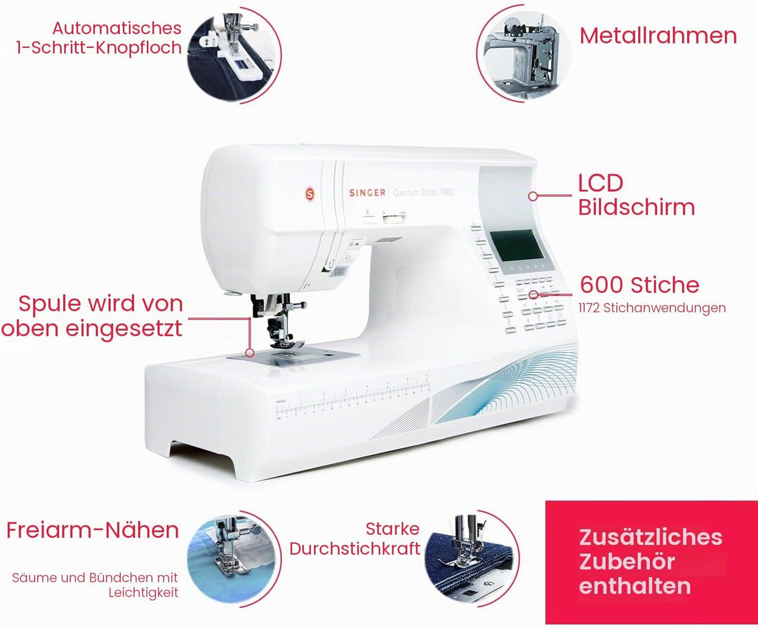 SINGER 9960 Näh- und Quiltmaschine mit Zubehör-Set, Anschiebetisch, 600 Stiche, elektronischer Auto-