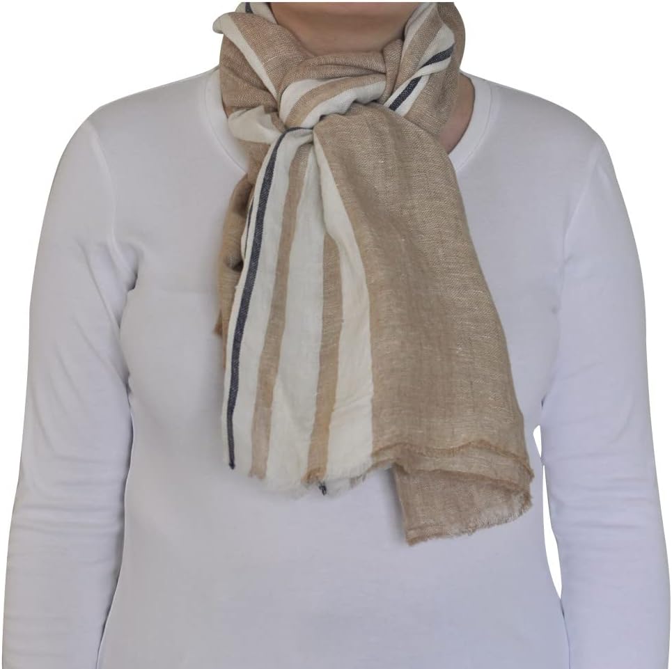 LES POULETTES -Schal 100% Leinen Beige Weiss Blau