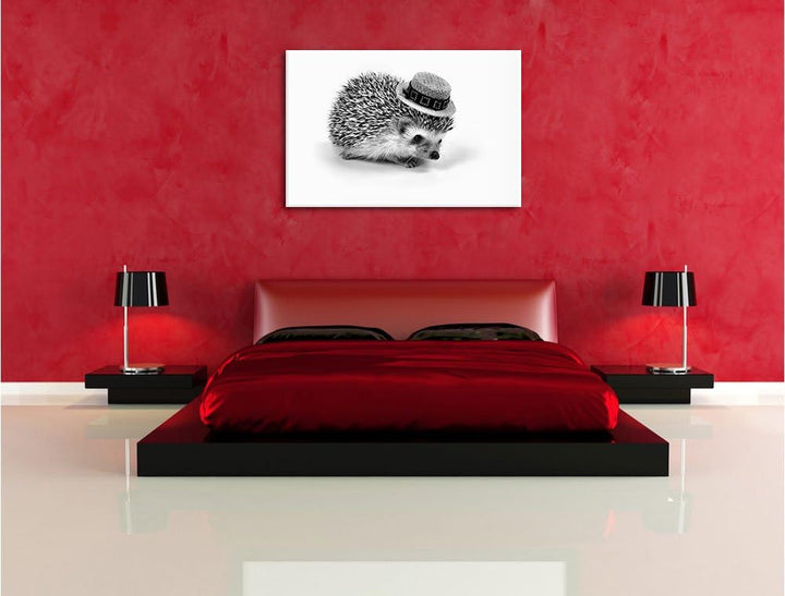 Pixxprint Monocrome, Lustiger Igel mit Hut, Format: 100x70 auf Leinwand, riesige Bilder fertig gerah