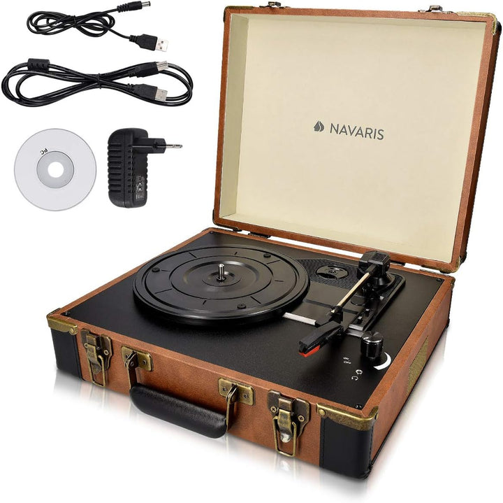 Navaris Retro Koffer Plattenspieler mit Lautsprecher - USB Port zum Digitalisieren - 35,5x11,5x27,5c