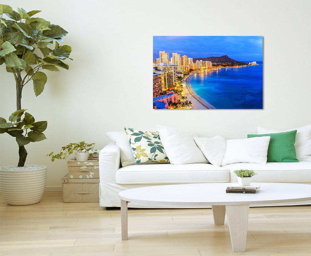 Paul Sinus Art Kunstfoto auf Leinwand 60x40cm Urbane Fotografie – Honolulu Skyline mit Vulkan auf Le