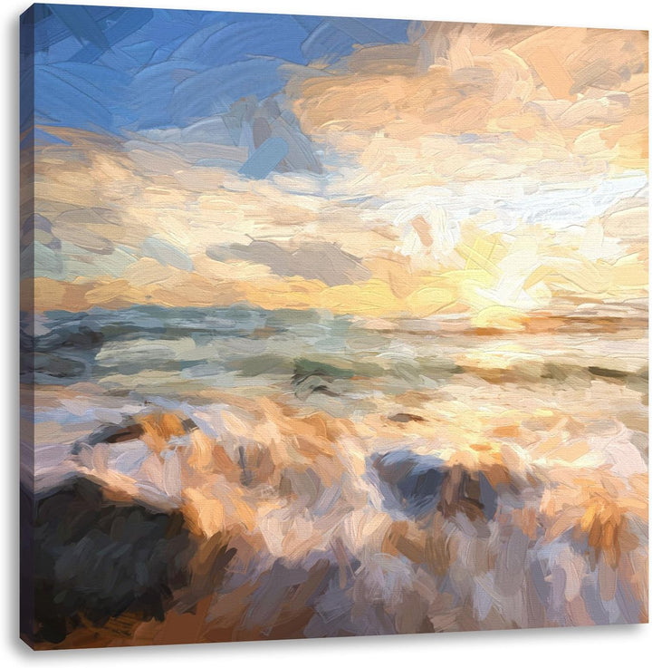 Pixxprint Sonnenuntergang am Meer Pinsel Effekt, Format: 70x70 auf Leinwand, 70x70