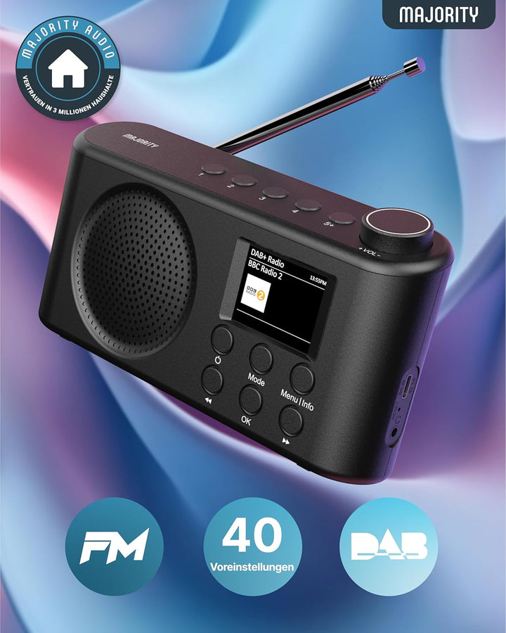 MAJORITY Orwell DAB+ Radio Tragbar | Bluetooth 5.2, UKW/FM, USB-C Akku, 12 Std Wiedergabe | LED-Disp