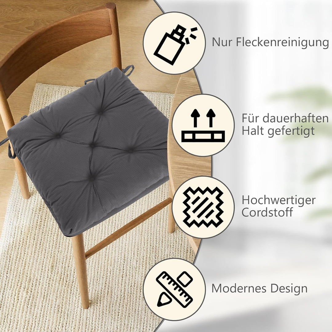 Sitzkissen, 2er Set Stuhlkissen aus Cordstoff, Memory Foam mit Doppel-Layer Design, Befestigungsriem